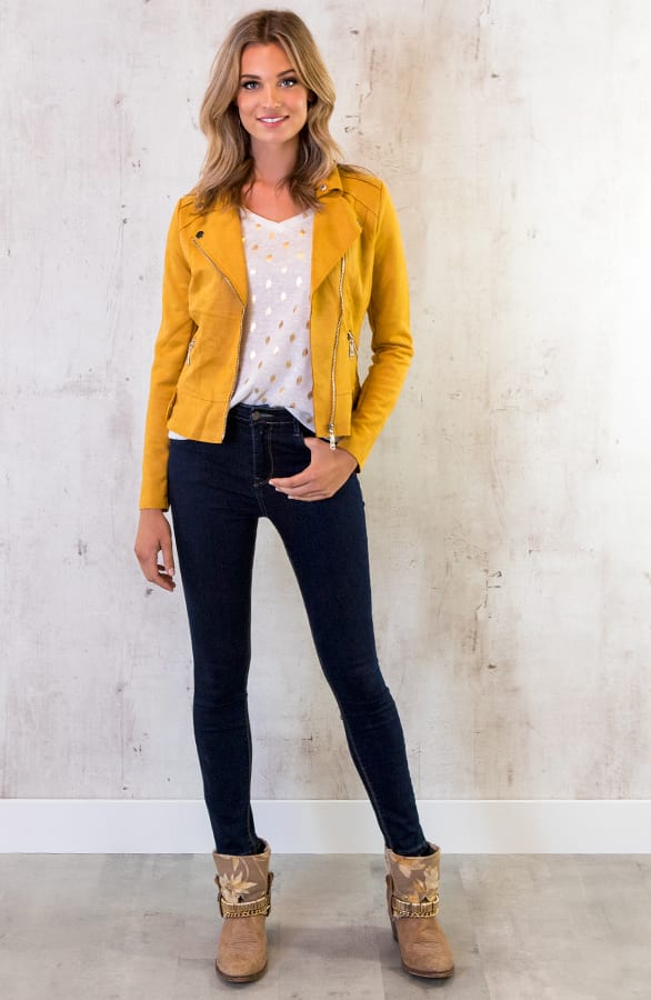 Suede Biker Jacket Okergeel – shoparchief, foto 3