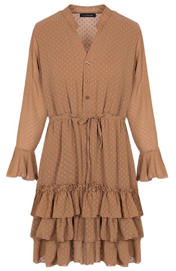 Laagjes Stippen Jurk Camel – shoparchief, foto 1