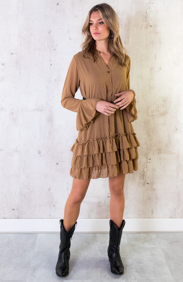 Laagjes Stippen Jurk Camel – shoparchief, foto 2