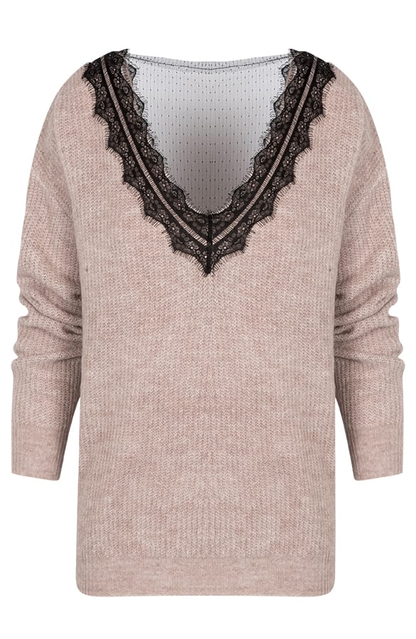 Gebreide Trui Met Kant Taupe – shoparchief, foto 1