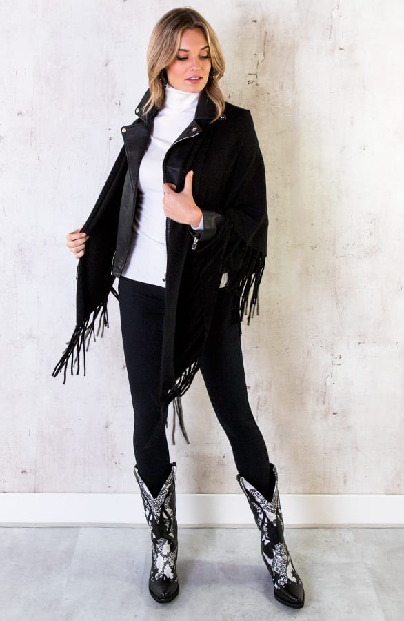 Poncho Sjaal Fringe Zwart – shoparchief, foto 1