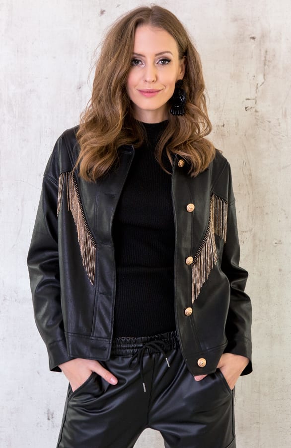 Oversized Leren Fringe Jacket Zwart – shoparchief, foto 7