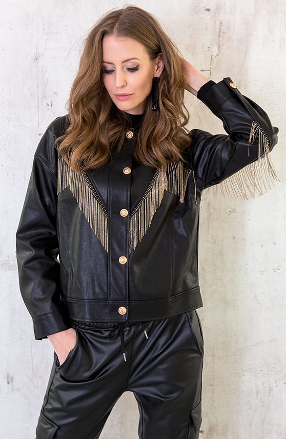 Oversized Leren Fringe Jacket Zwart – shoparchief, foto 2