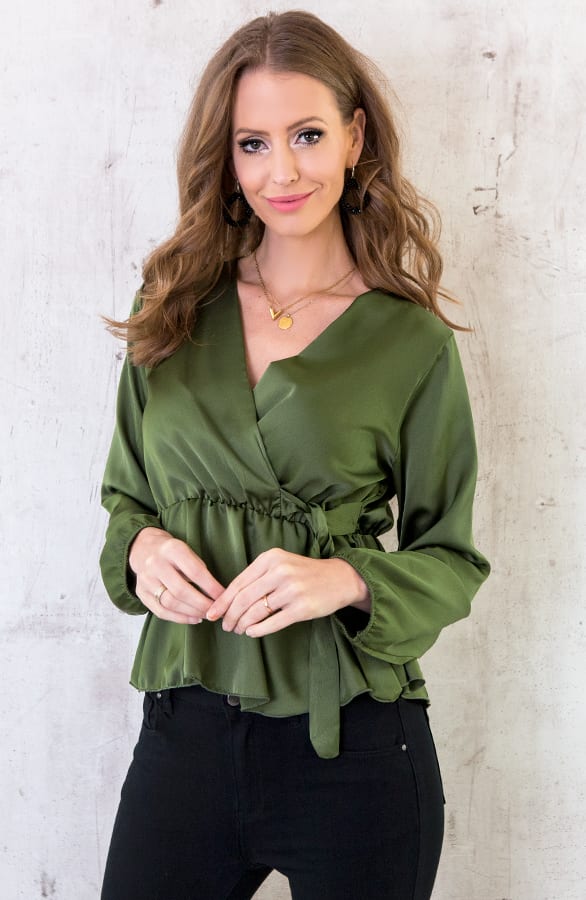 Satijnen Overslag Blouse Legergroen – shoparchief, foto 3