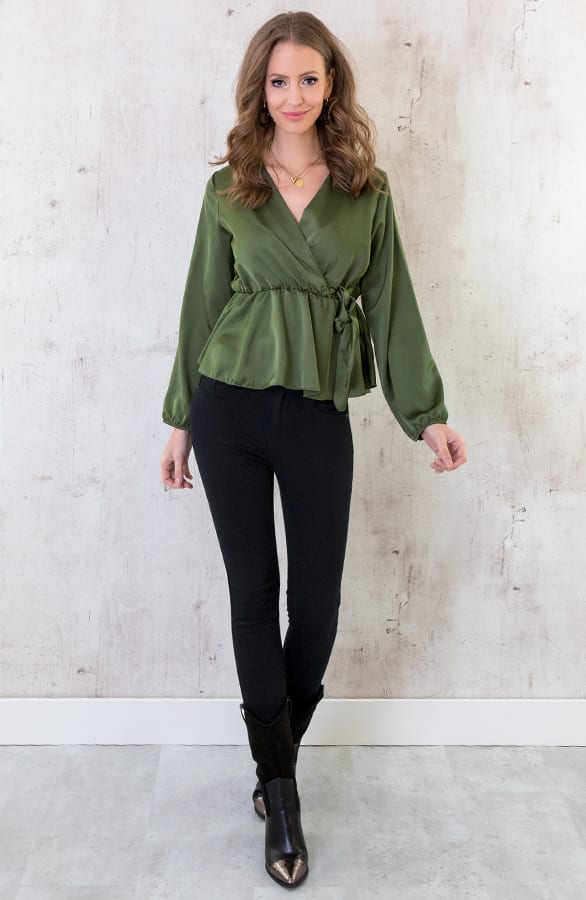 Satijnen Overslag Blouse Legergroen – shoparchief, foto 4