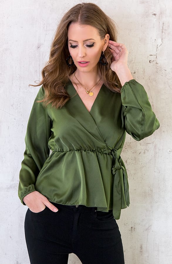 Satijnen Overslag Blouse Legergroen – shoparchief, foto 7