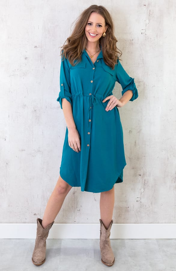 Knopen Jurk Dames Petrol – shoparchief, foto 7