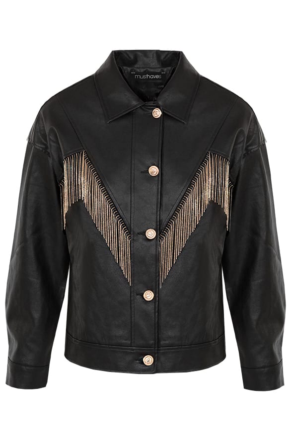 Oversized Leren Fringe Jacket Zwart – shoparchief, foto 1