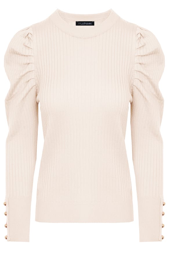 Rib Trui Met Pofmouwen Beige – shoparchief, foto 1