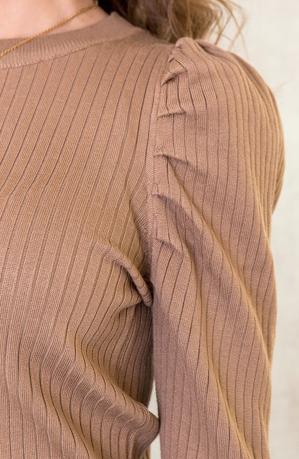 Rib Trui Met Pofmouwen Camel – shoparchief, foto 5