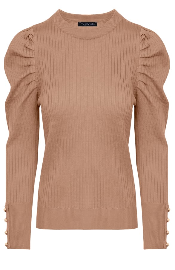 Rib Trui Met Pofmouwen Camel – shoparchief, foto 1