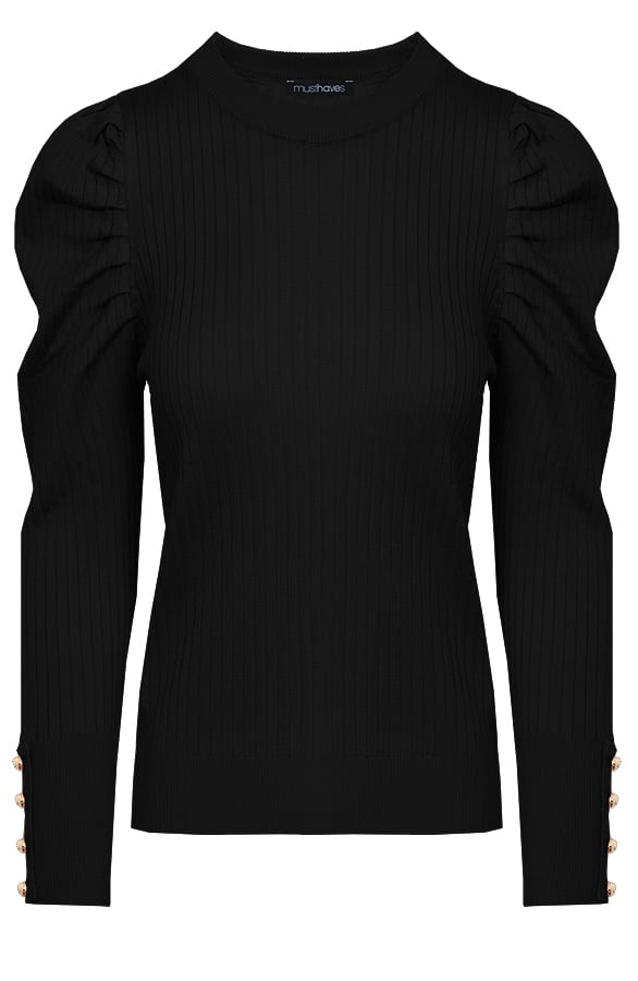 Rib Trui Met Pofmouwen Zwart – shoparchief, foto 1