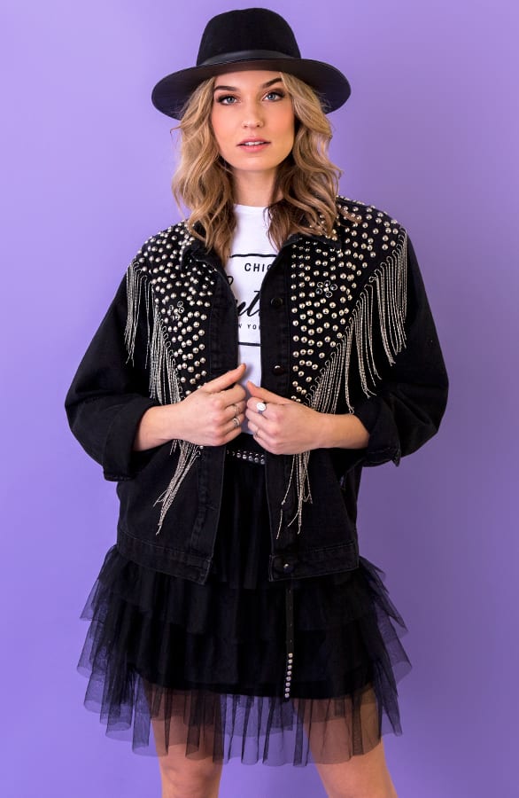 Studs Fringe Jacket Zwart – shoparchief, foto 5