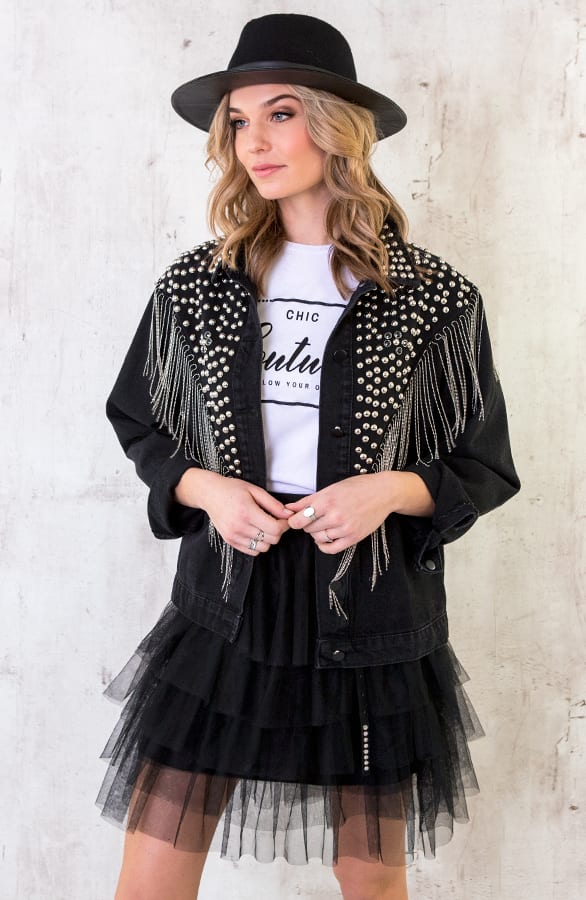 Studs Fringe Jacket Zwart – shoparchief, foto 3