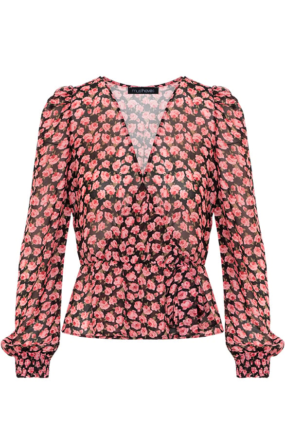 Overslag Bloemen Blouse Zwart – shoparchief, foto 6