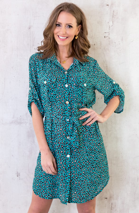Panter Knopen Jurk Turquoise – shoparchief, foto 2