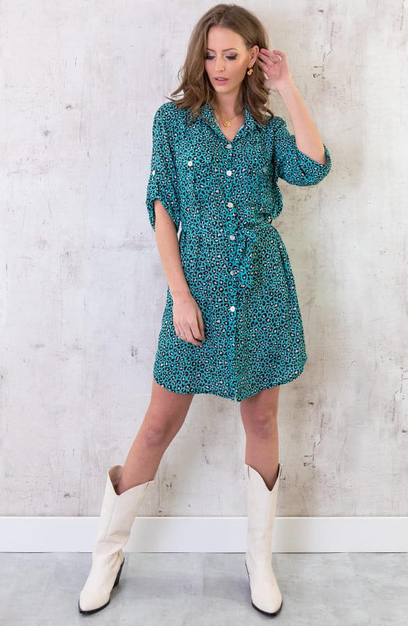 Panter Knopen Jurk Turquoise – shoparchief, foto 3