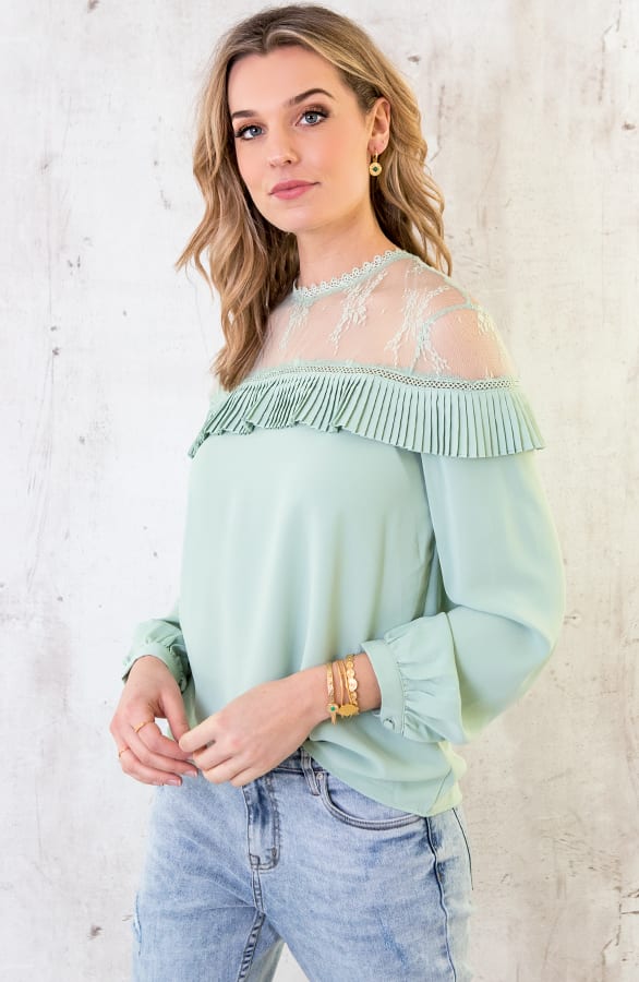 Kanten Blouse Ruches Mint – shoparchief, foto 3