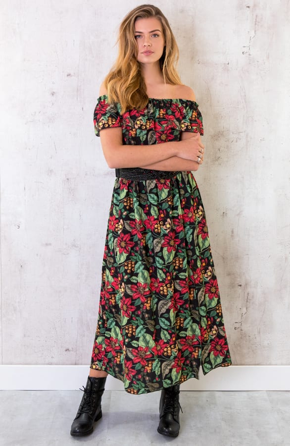 Off Shoulder Bloemen Jurk Zwart – shoparchief, foto 1