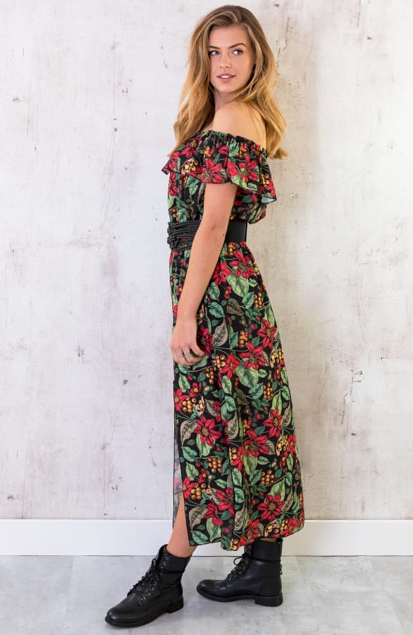 Off Shoulder Bloemen Jurk Zwart – shoparchief, foto 5