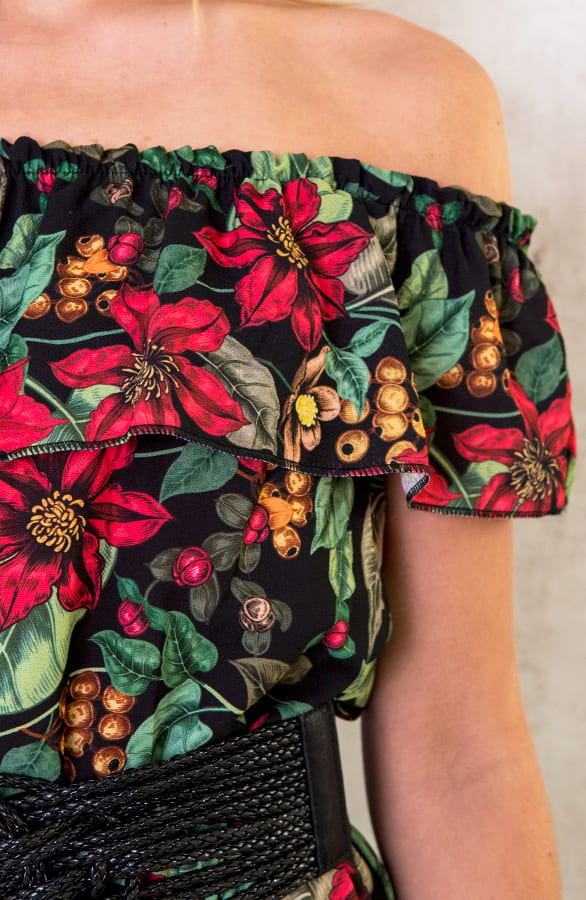 Off Shoulder Bloemen Jurk Zwart – shoparchief, foto 3