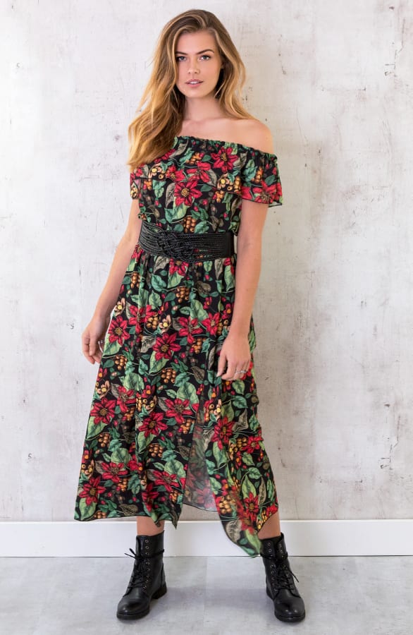 Off Shoulder Bloemen Jurk Zwart – shoparchief, foto 2