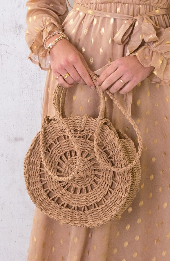 Ronde Rieten Tas Camel Luxury – shoparchief, foto 2