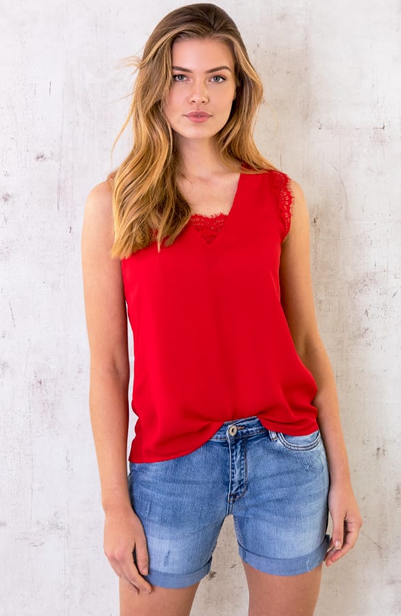 Top Met Kanten V Hals Rood – shoparchief, foto 1