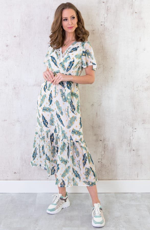 Midi Leaves Jurk Deluxe Wit – shoparchief, foto 3