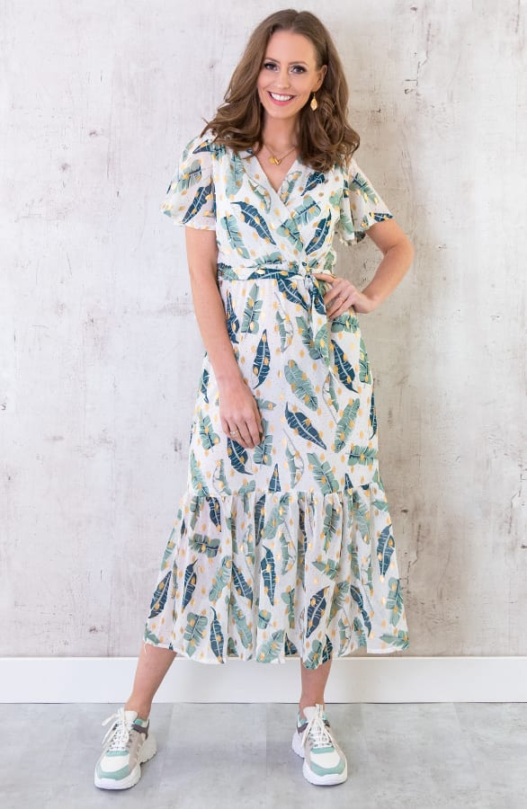 Midi Leaves Jurk Deluxe Wit – shoparchief, foto 4