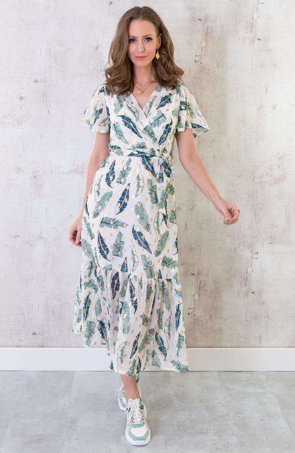 Midi Leaves Jurk Deluxe Wit – shoparchief, foto 1
