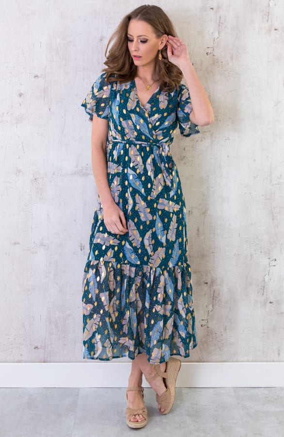Midi Leaves Jurk Deluxe Turquoise – shoparchief, foto 3