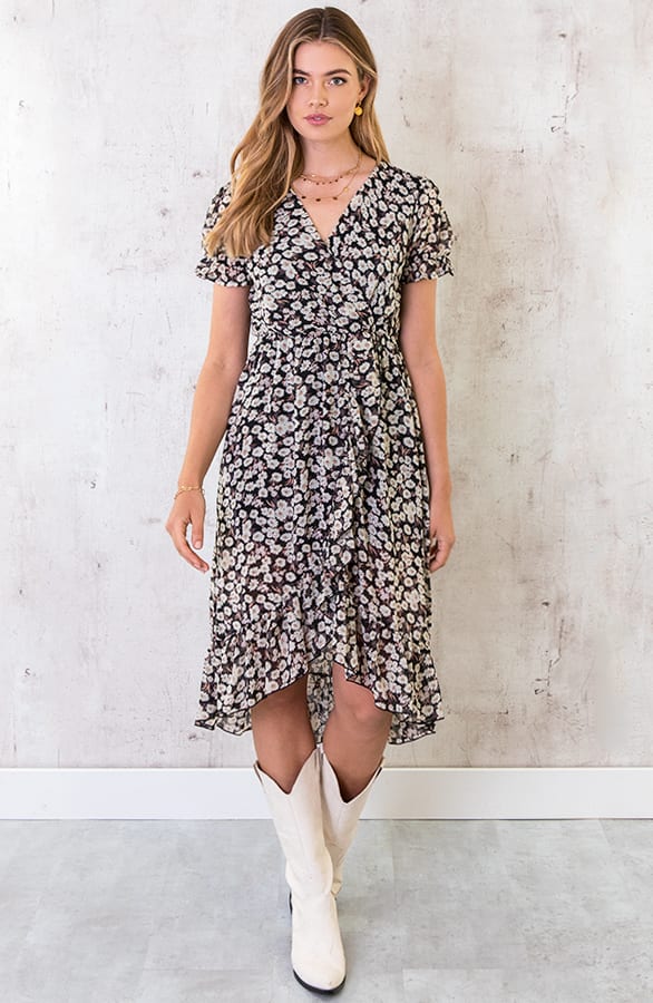 Midi Bloemen Jurk Zwart Wit – shoparchief, foto 2