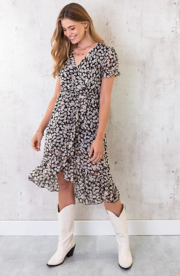 Midi Bloemen Jurk Zwart Wit – shoparchief, foto 1