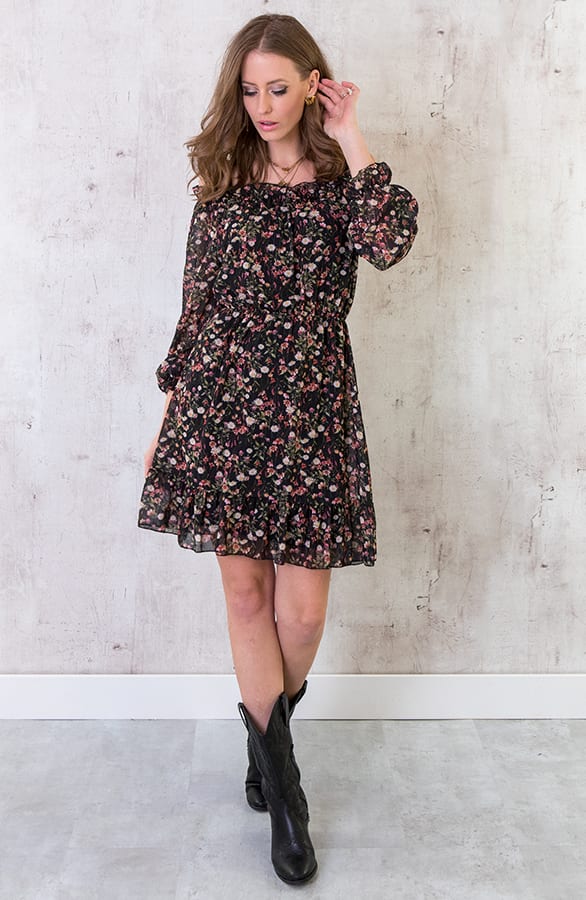 Offshoulder Bloemen Jurk Zwart – shoparchief, foto 4