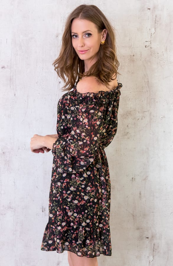 Offshoulder Bloemen Jurk Zwart – shoparchief, foto 2