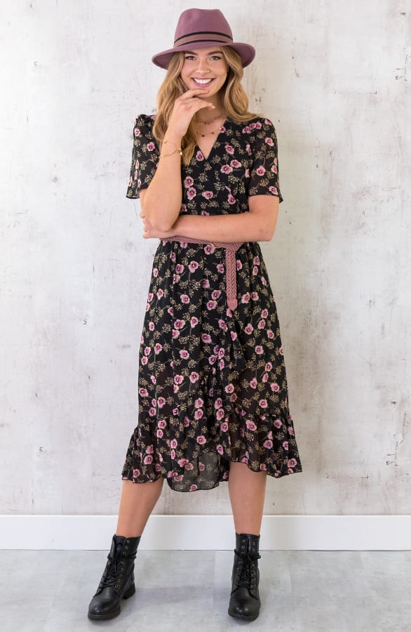 Omslag Midi Jurk Bloemen Zwart – shoparchief, foto 2