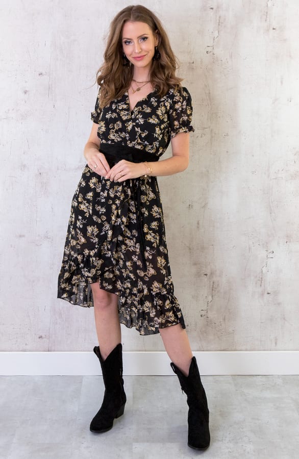 Midi Omslag Jurk Met Bloemen Zwart – shoparchief, foto 3