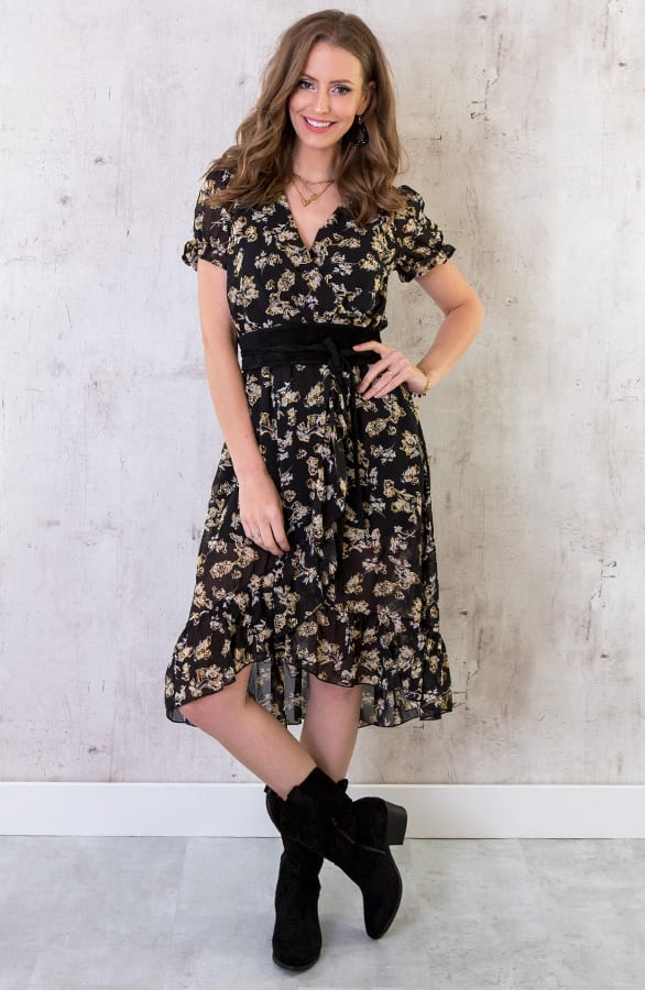 Midi Omslag Jurk Met Bloemen Zwart – shoparchief, foto 4