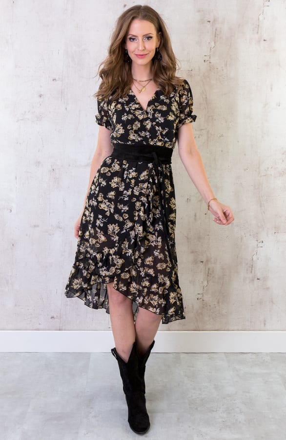 Midi Omslag Jurk Met Bloemen Zwart – shoparchief, foto 1