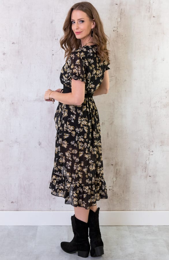 Midi Omslag Jurk Met Bloemen Zwart – shoparchief, foto 2