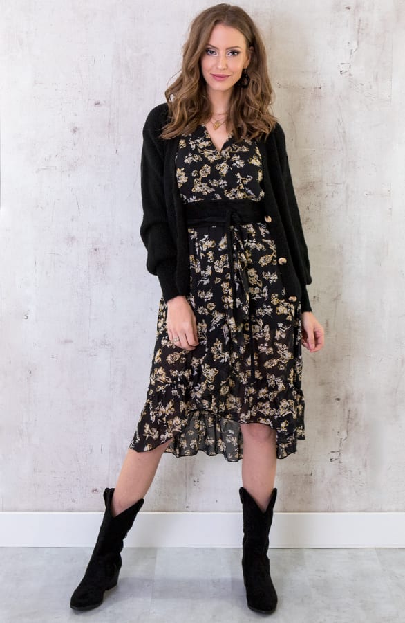 Midi Omslag Jurk Met Bloemen Zwart – shoparchief, foto 5