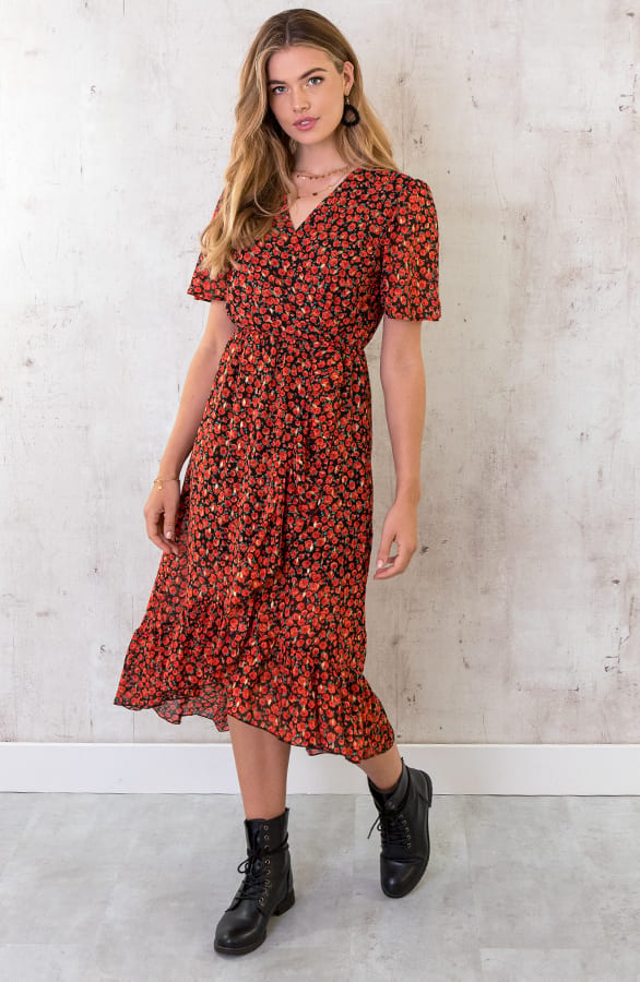 Rozen Omslag Midi Jurk Rood – shoparchief, foto 2