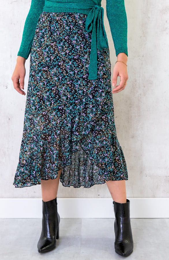 Bloemen Midi Rok Deluxe Turquoise – shoparchief, foto 1