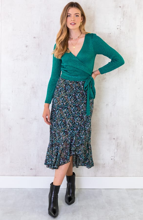Bloemen Midi Rok Deluxe Turquoise – shoparchief, foto 4