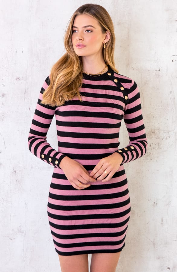 Gestreepte Jurk Knopen Roze – shoparchief, foto 1