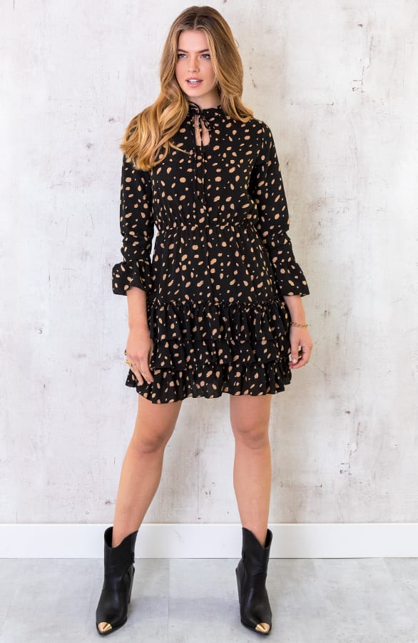 Cheetah Ruches Jurk Zwart Camel – shoparchief, foto 2