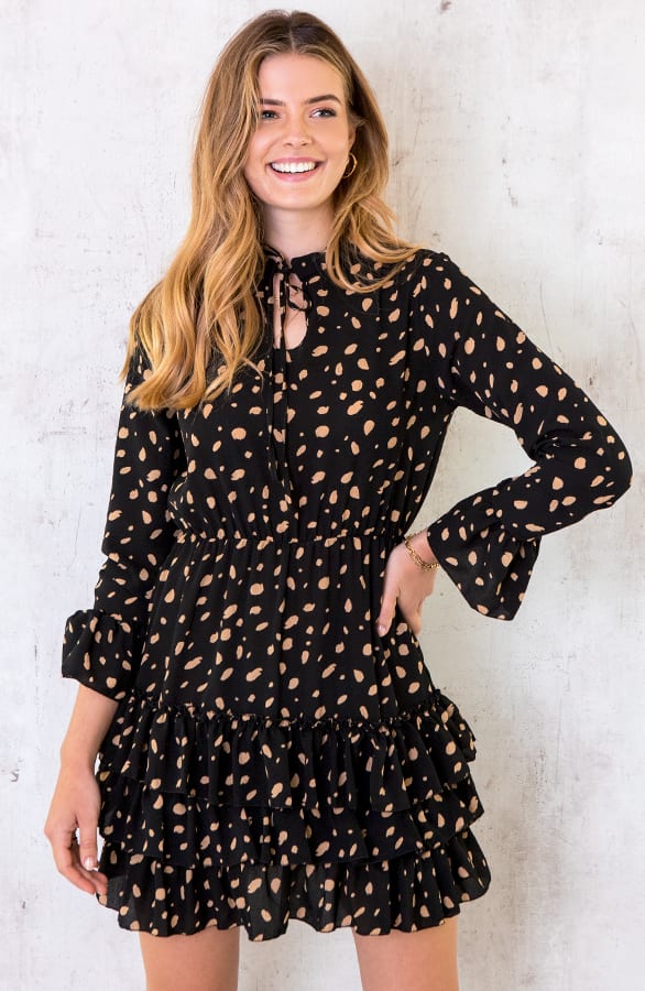 Cheetah Ruches Jurk Zwart Camel – shoparchief, foto 1