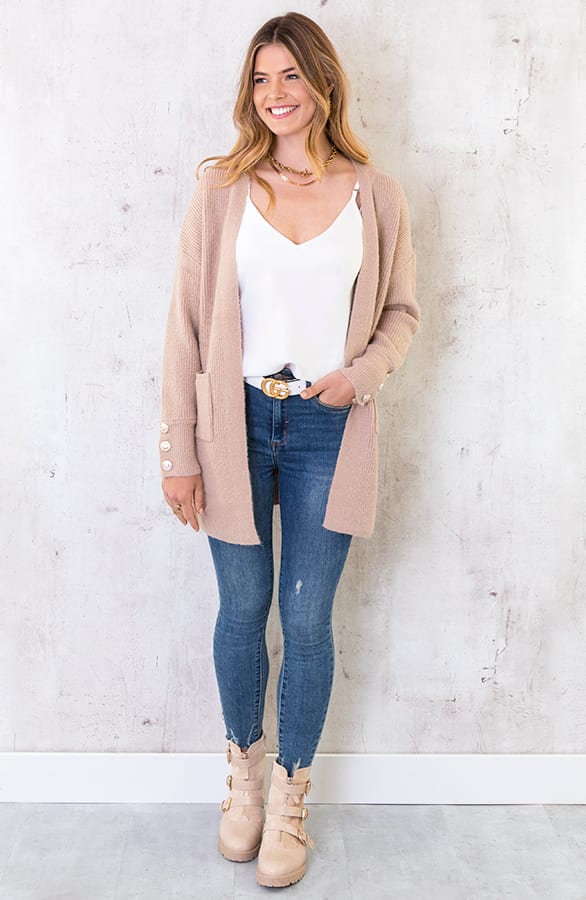 Gebreid Vest Knopen Taupe – shoparchief, foto 3