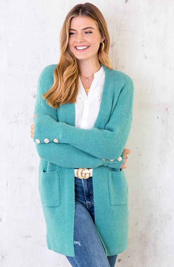 Gebreid Vest Knopen Turquoise – shoparchief, foto 1